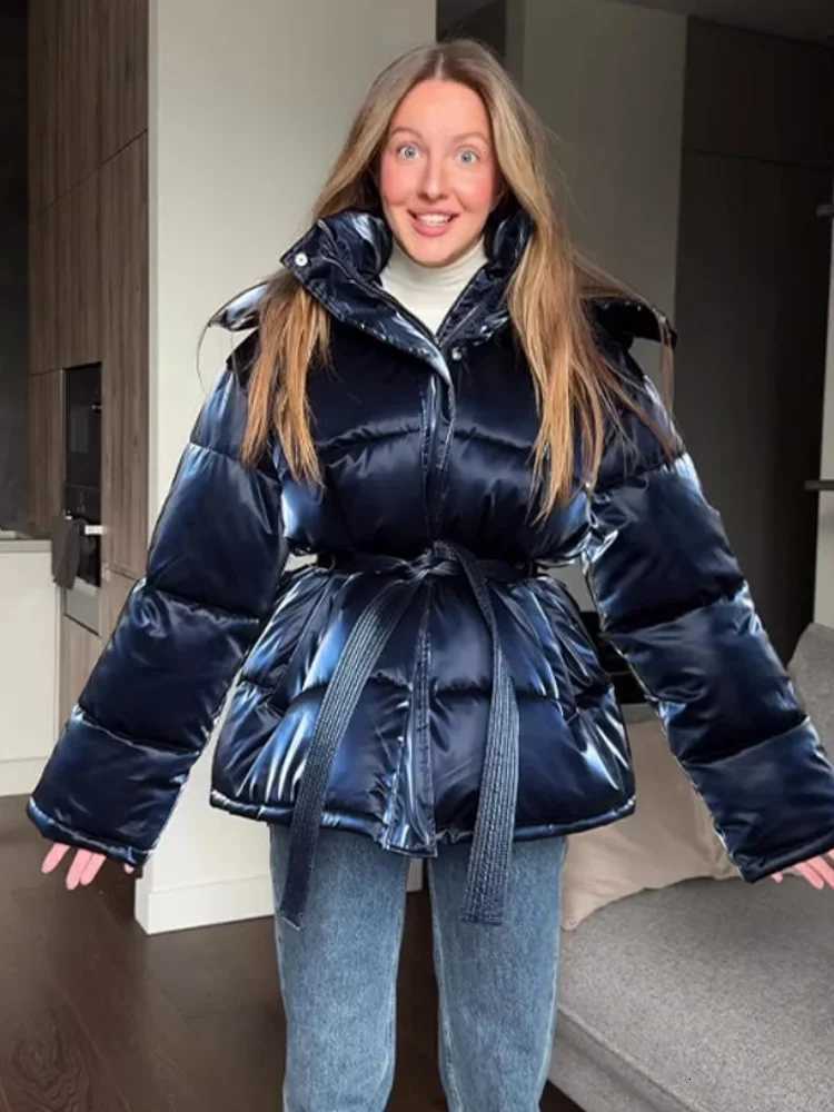 2026 Women's Down Parkas Winter Shiny Hooded Cotton Jacket With Belt Women Elegant Long Sleeve Zipper Lace Up Coats Lady Y2K Street Warm Outerw