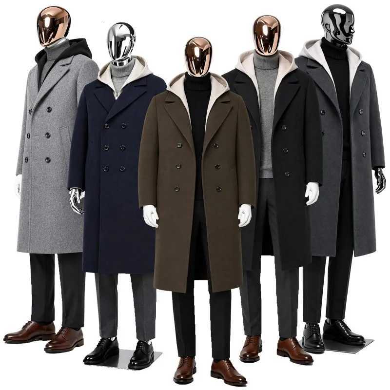 Winter Men's Woolen Jacket Fashion Thicken Mid Length Trench Turn Down Collar Warm Business Casual Hooded Wool Blended Jacket X261008