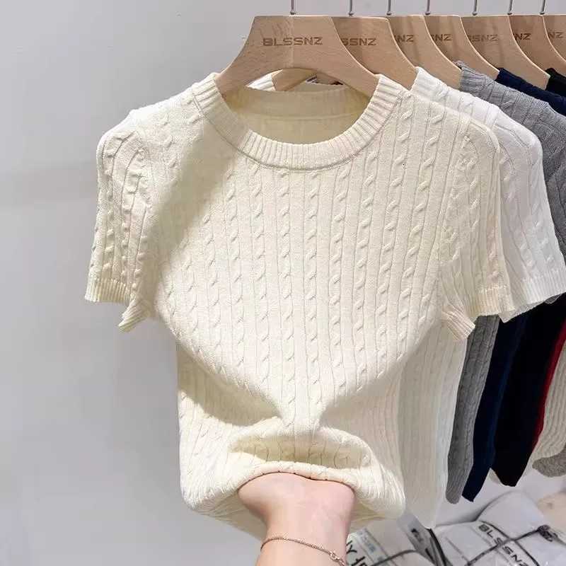 2026 Women's T-Shirt Zjaiss Summer Apricot O-Neck Women's Short Sleeve Knit Top Twist Slim Fit Short T-Shirt Trendy Solid Color Versatile