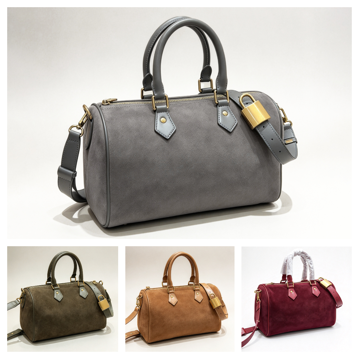 Designer Grey Suede Boston Tote bag Monogram Embossed Pillow bag Lock Suede Handbag Top Handle Crossbody Shoulder Bags Large Travel bag Tote bag Hal