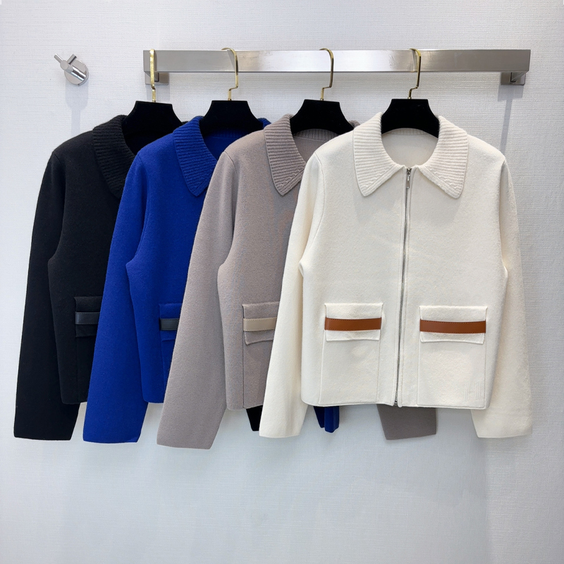 Luxury Women Wool Sweater Jacket Designer Spliced Leather Knitted Cardigan Autumn Winter Outdoor Warm Sweater Coat