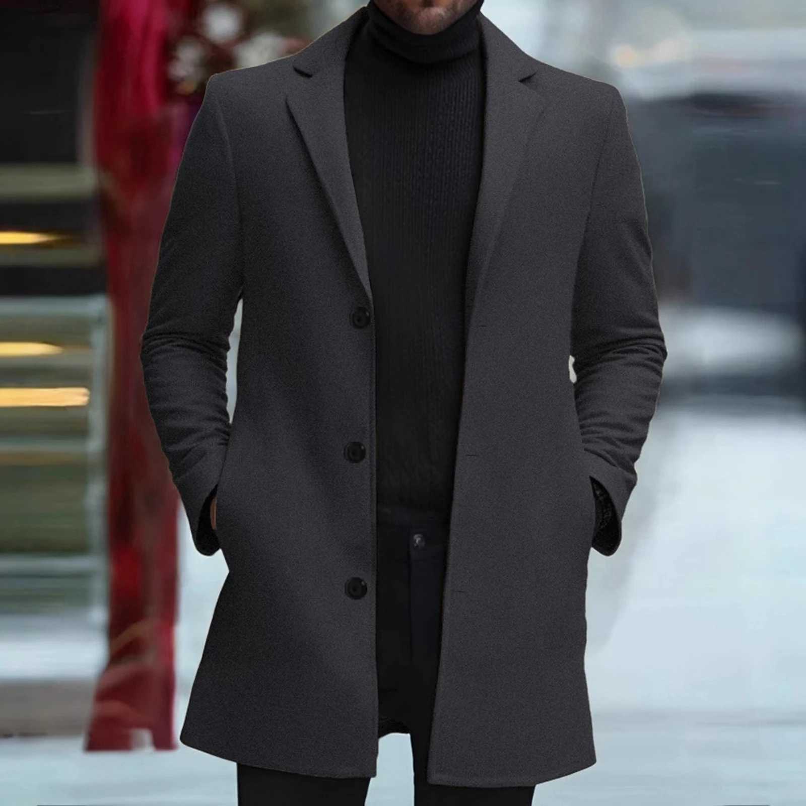 Men's Wool Pea Coat Solid Color Lapel Collar Single Breasted Jacket Warm Mid Length Winter Trench Coat X261008