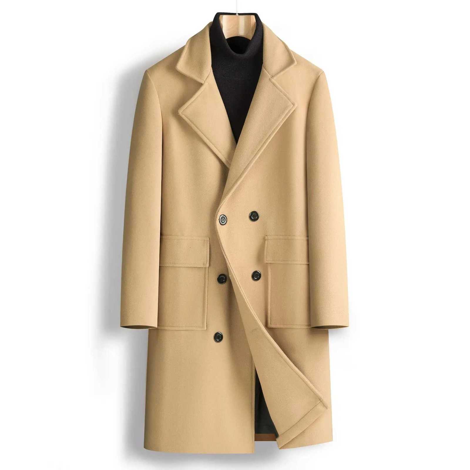 New Autumn Winter Men's Double Breasted Woolen Coats Solid Color Business Casual Mid-Length Outwear Male England Style Trench X261008