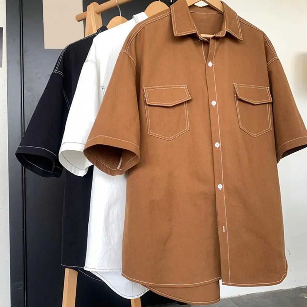 Dress Shirts Fall Men's Spring Men Shirt Loose Fit Japanese Style Single-breasted Lapel Half Sleeve Buttons Soft Breathable Mid Length Men Stre