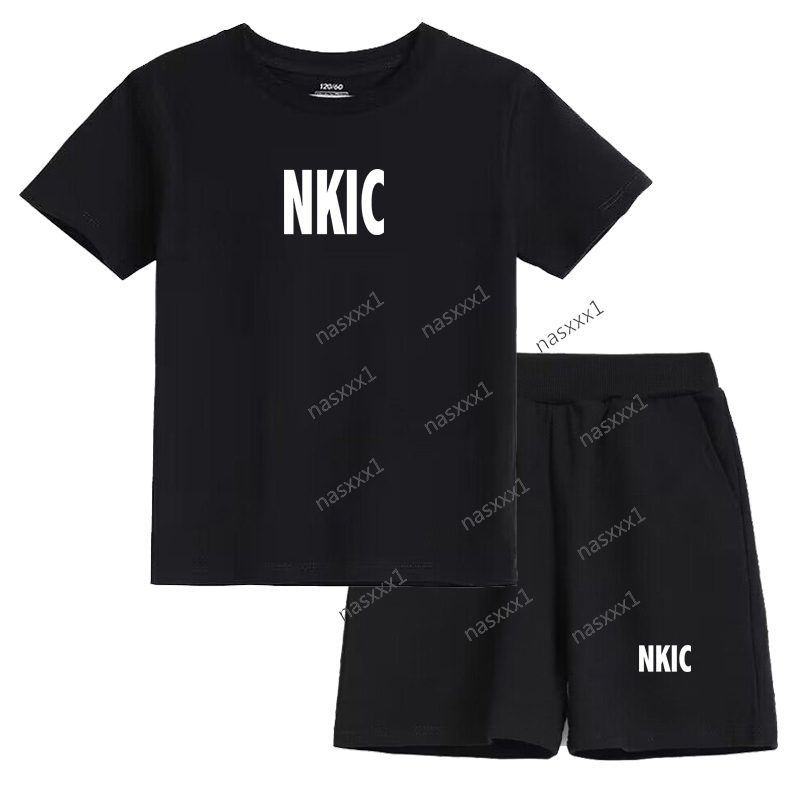 Ensembles de vêtements d'été pour adolescents garçons 100% coton noir T-shirts Shorts 2 pièces grands enfants costumes décontractés à manches cou