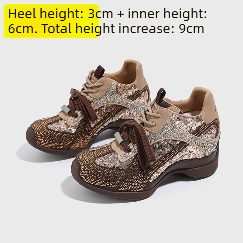 9CM Platform Thick Sole Sneakers Women 2026 Spring New Fashion Casual Sports Shoes Diamond Rhinestone Dad Shoes