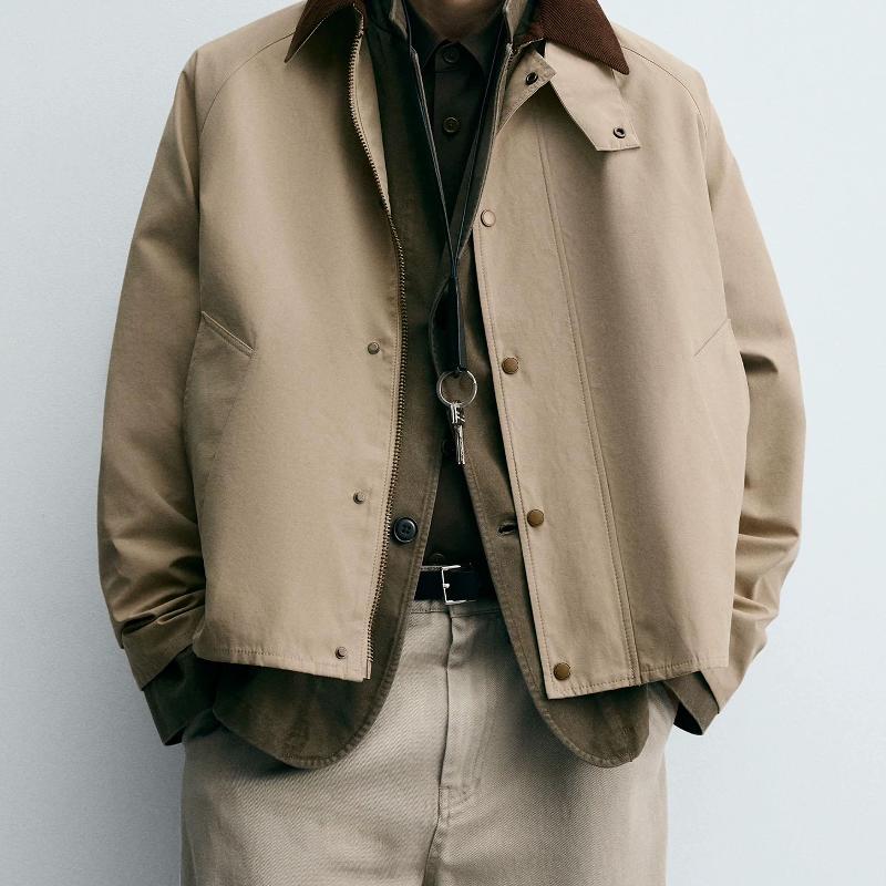 Veste pour hommes avec revers coloré en tissu technique, manteau court ample à fermeture éclair pour l'automne et l'hiver, vêtements d'extérieur