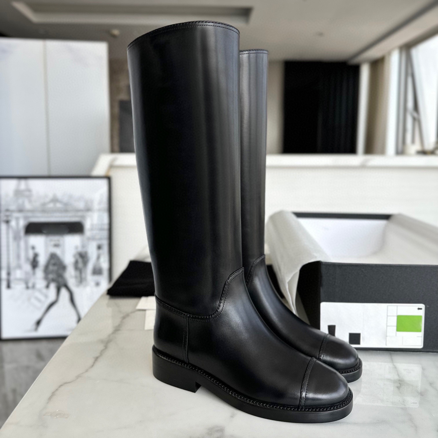 Botas De Montar Hasta La Rodilla Altas Con Punta Redonda Para Mujer Botas Largas Planas Con Diseño De Punta De Cuero De Granos Negros Calzado De Mod