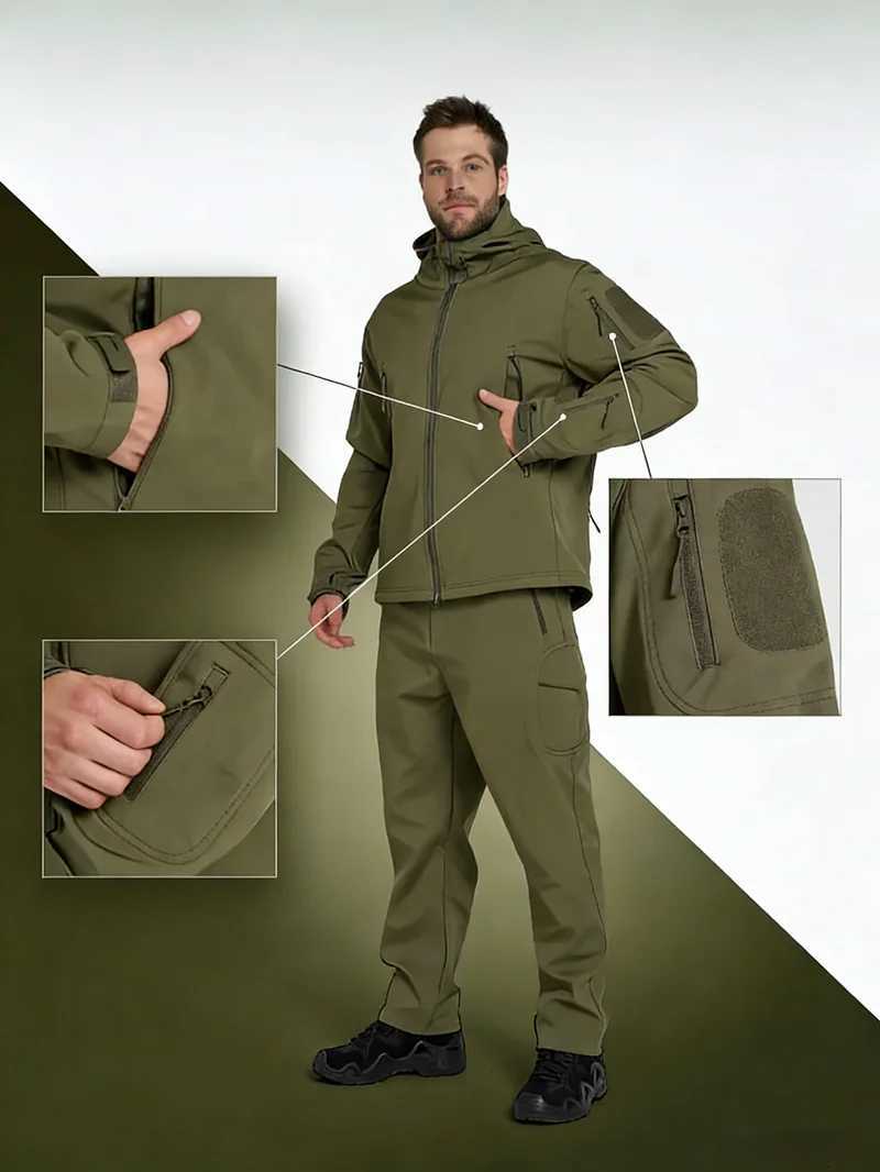Outdoor Jackets Hoodies 5XL 6XL Men's Outdoor Tactical Pilot Jacket Shark Skin Softshell Windproof Waterproof Fleece Lined Hooded Hiking Field