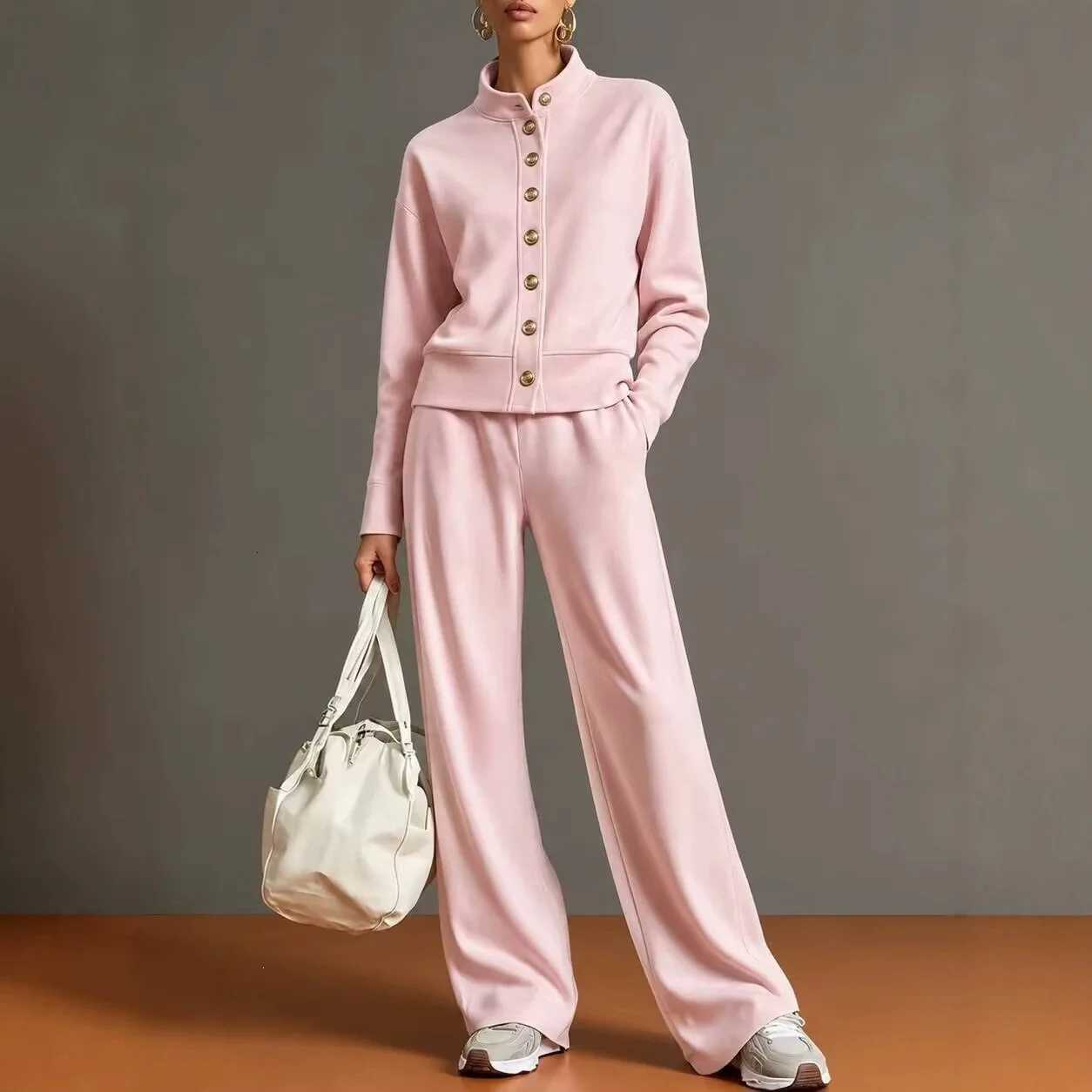 Two Piece Pants Autumn Women's Fashion Stand Collar Single Breasted Jacket Wide Leg Pants Two Piece Set For Women Solid Loose Casual Commuter O