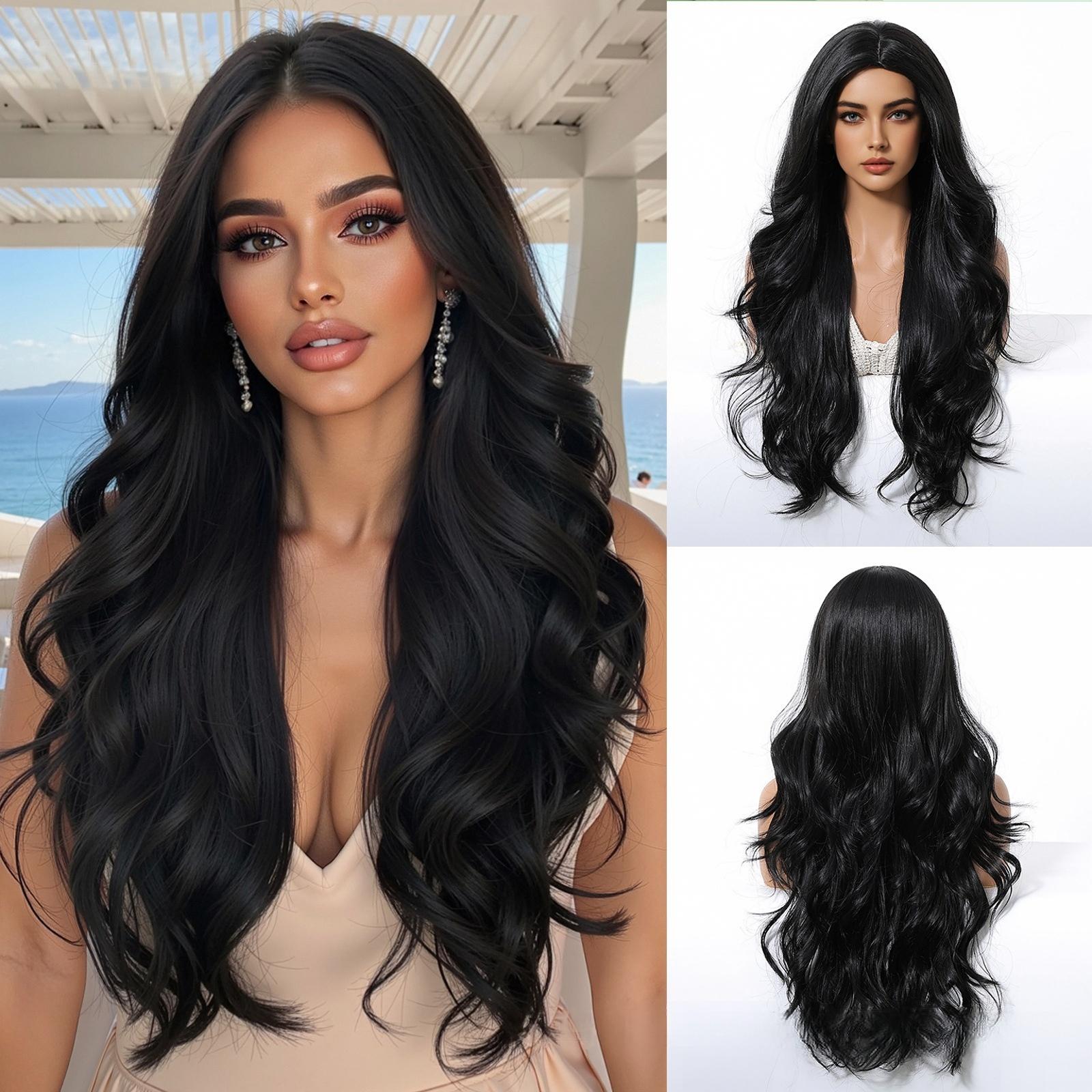 European Style Black Middle Part Fluffy Long Curly Full Wig For Women, Minimal Retro Matte Synthetic Hair Wig