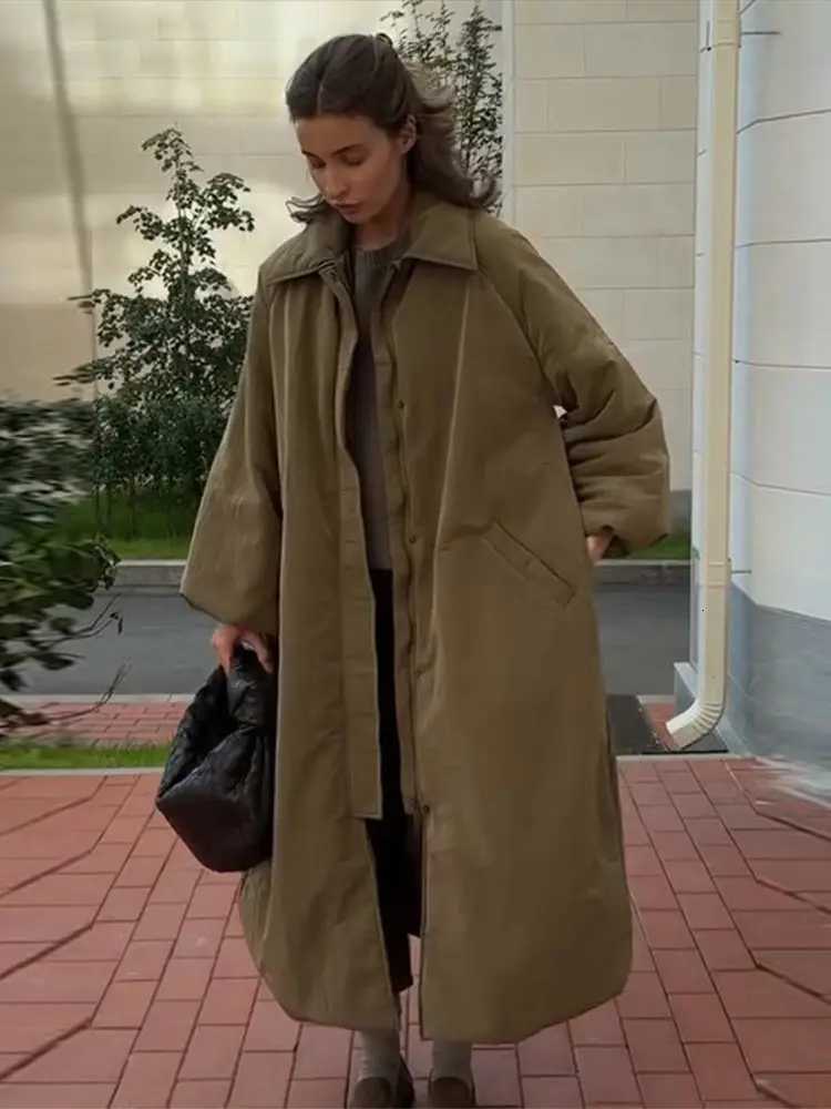 Long Women's Down Parkas Green Turn-down Collar Zipper Women's Jacket Pockets Full Sleeve Thick Warm Female 2026 Winter Lady Loose Fashion