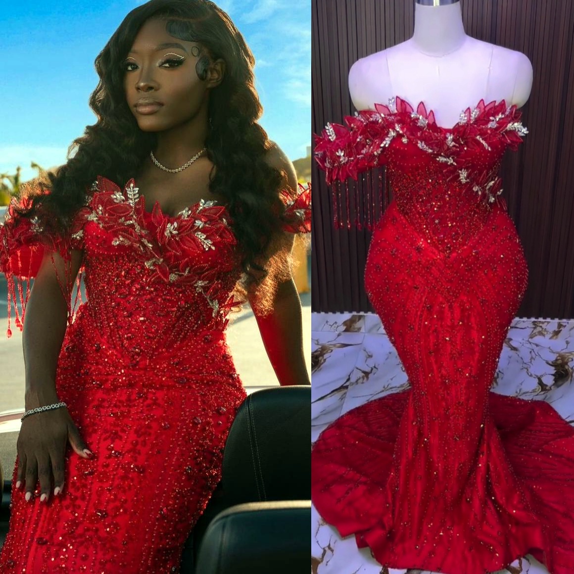 Aso Ebi Red Mermaid Prom Dress 2026 Petals Flower Crystals Sweetheart Sparkly Evening Dresses Birthday Formal Party Reception Second Long Dinner Dre