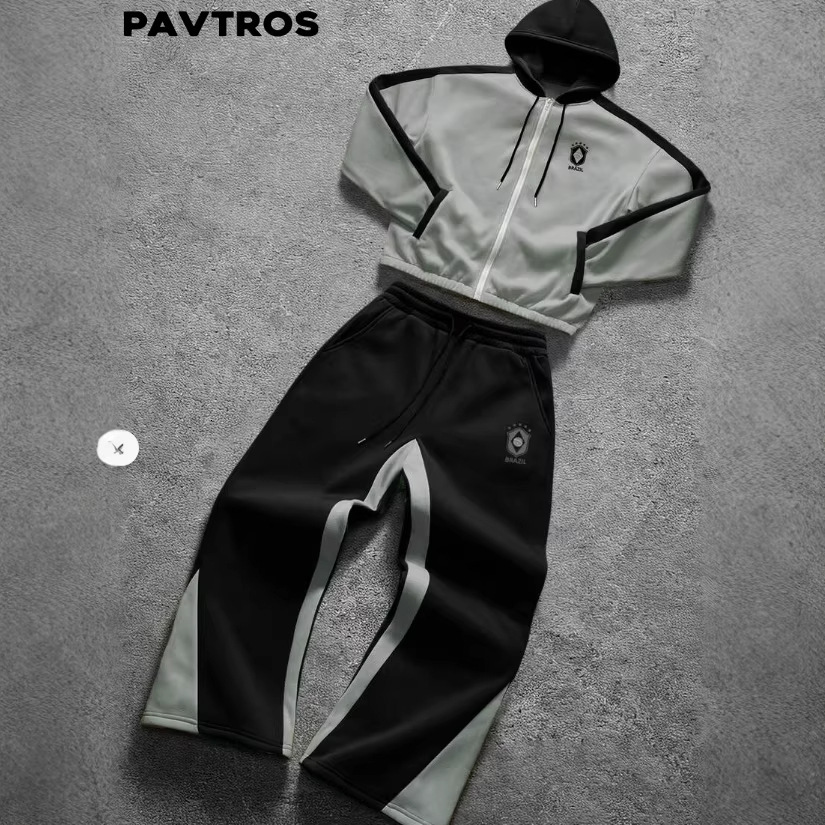 Autumn and Winter American Retro Brazilian Style Color Contrasting Sports Set Zipper Hoodie Sweater Two Piece Set 3 6a