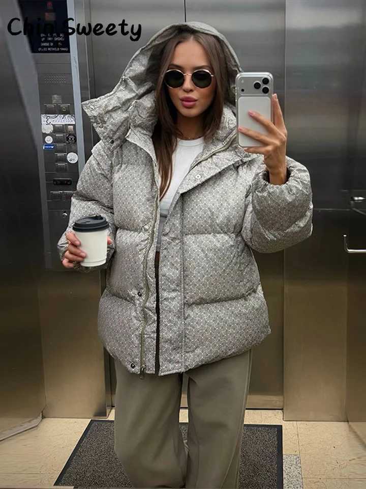 Parkas Women's Casual Down Women's Printed Hooded Cotton Padded Coat Loose Long Detachable Sleeve Zipper Buttons Coats 2026 Winter Lady Wa