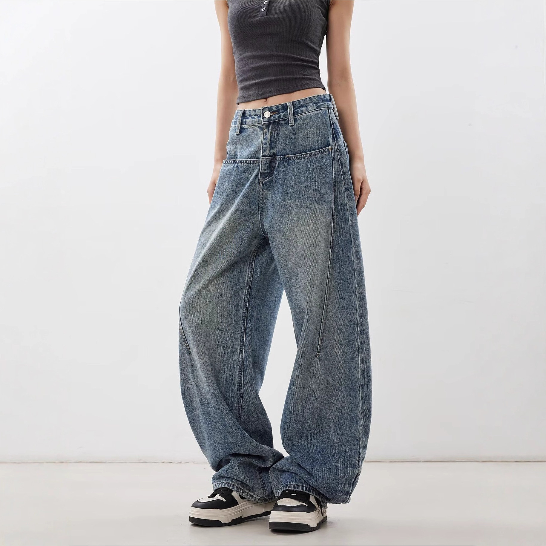 Womens Baggy Jeans Vintage Washed Blue Denim Pants Oversized Wide Leg Trousers Casual Streetwear Y2K Fashion