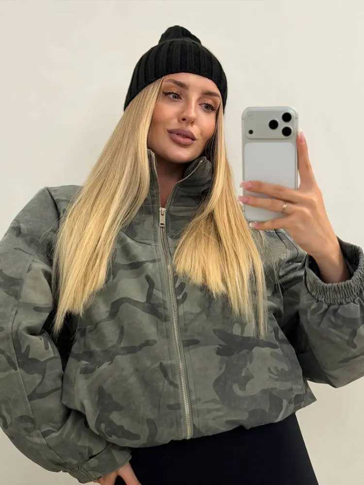 Fashion Women's Down Parkas Camo Women's Puffer Jacket Hooded Zip Long Sleeves Short Loose Coat Chic 2026 Autumn Winter New Street Outdoor