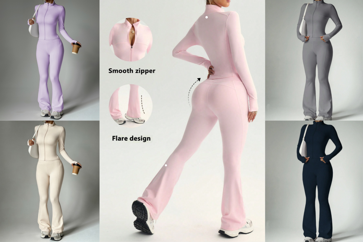 L6665 veste zippée à manches longues pantalon évasé ensemble de Yoga vêtements de Fitness transparents vêtements de sport vêtements de Yoga