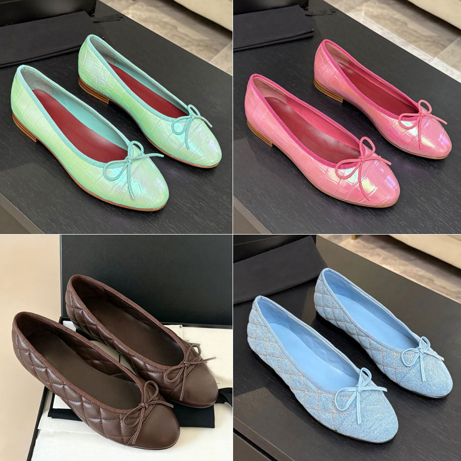 Nouveau Denim bleu Bouts ronds Noeud en daim Bowtie Ballerines chaussures mocassins Robe plate sans lacet ballerine chaussures de luxe chaussures