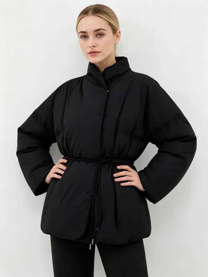 LIMO Women's Down Parkas Women Stand Collar Drawstring Waist Puffer Jacket Loose Long Sleeve Warm Short Down Coat J261008