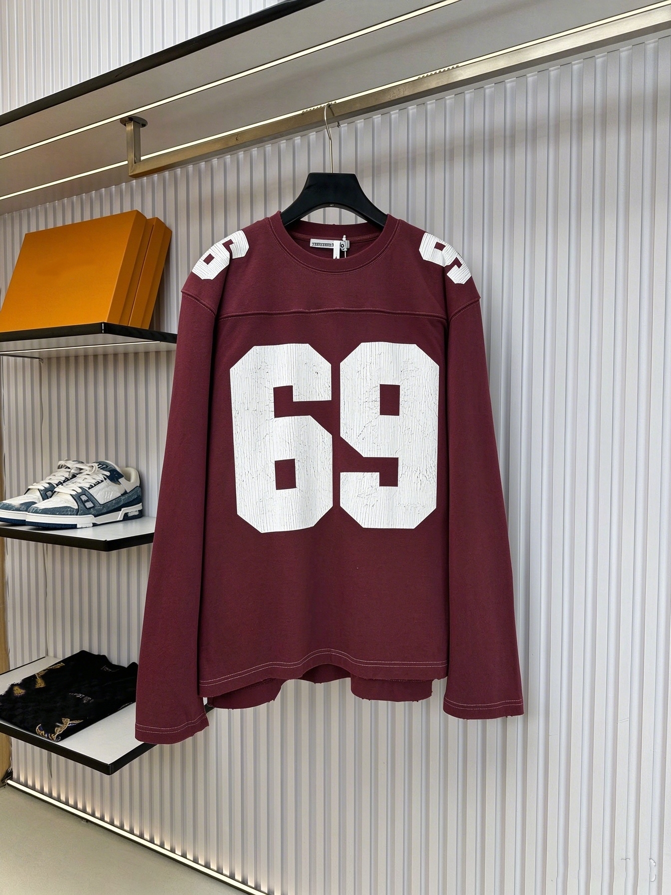 Designer Vintage Long Sleeve T Shirt Heavyweight 100% Cotton Cracked Number Print Loose Fit American Football Jersey Style Raw Edge Casual Top For M