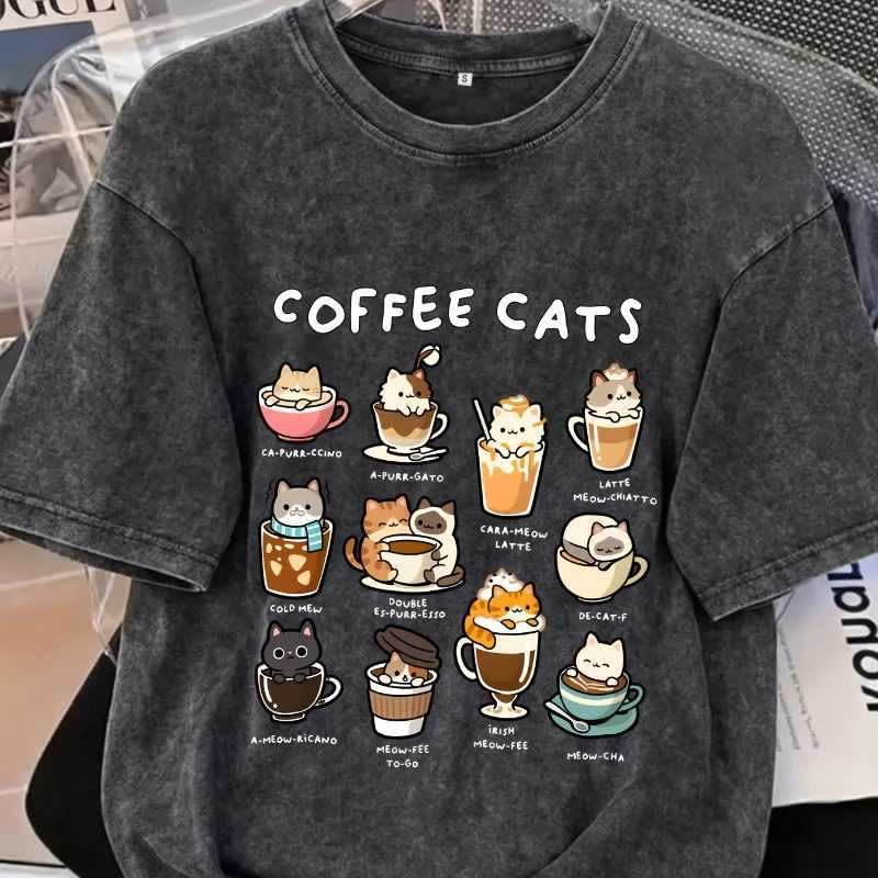 T-Shirt Coffee Cat Women's T-shirt Washed Cotton Short-sLeeved Shirt Oversized Loose Round-neck Top Suitable for Men Women Summer Shirt J261008