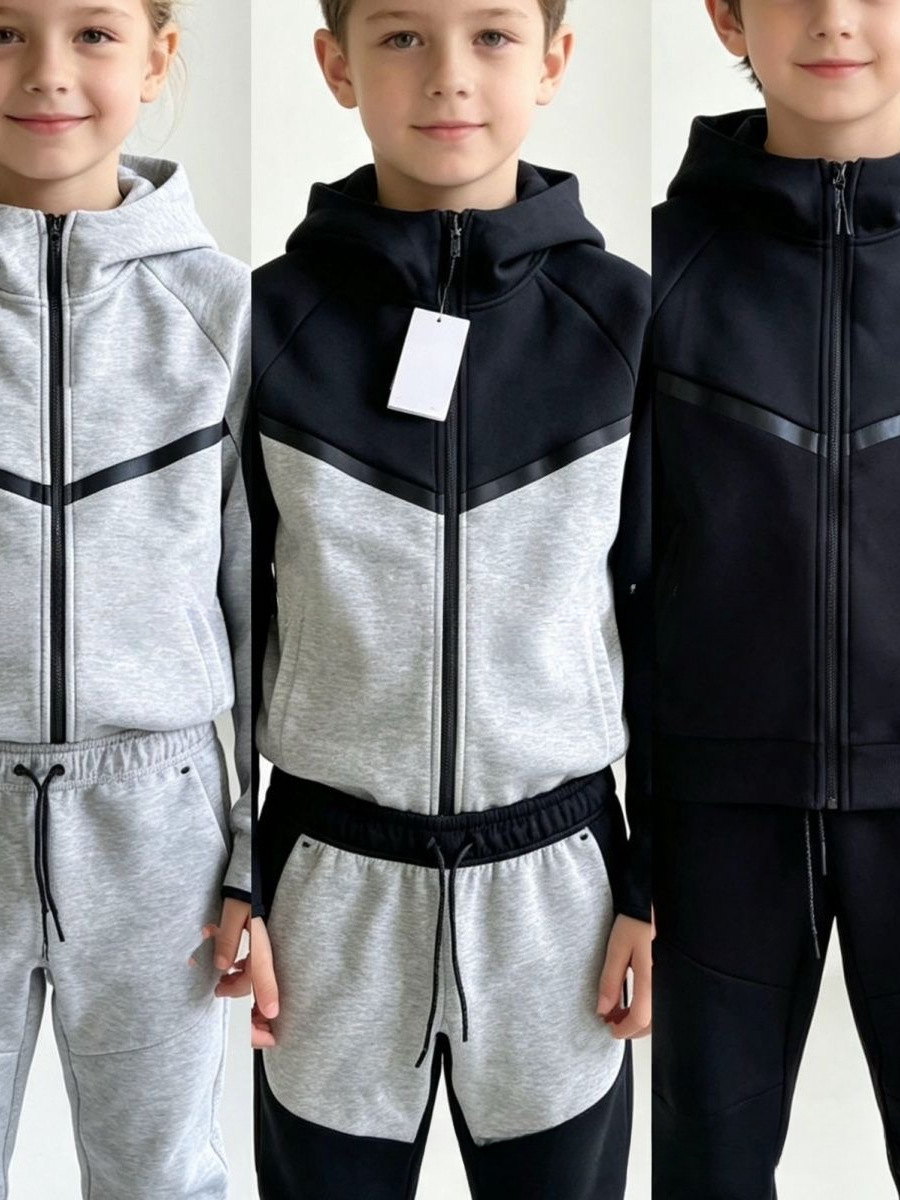Designer Tech Fleece Big Kids 2 Piece Tracksuit, Heat Pressed Bonded Technical Fleece Full Zip Jacket & Sweatpants Set, Casual Sport Outfit for Spri