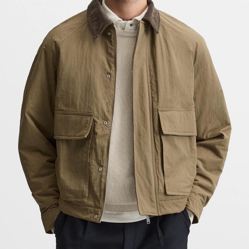 Veste rembourrée à col pour hommes, ample, décontractée, fermeture éclair, coupe-vent, automne hiver, manteau de printemps avec poches à rabat Ra