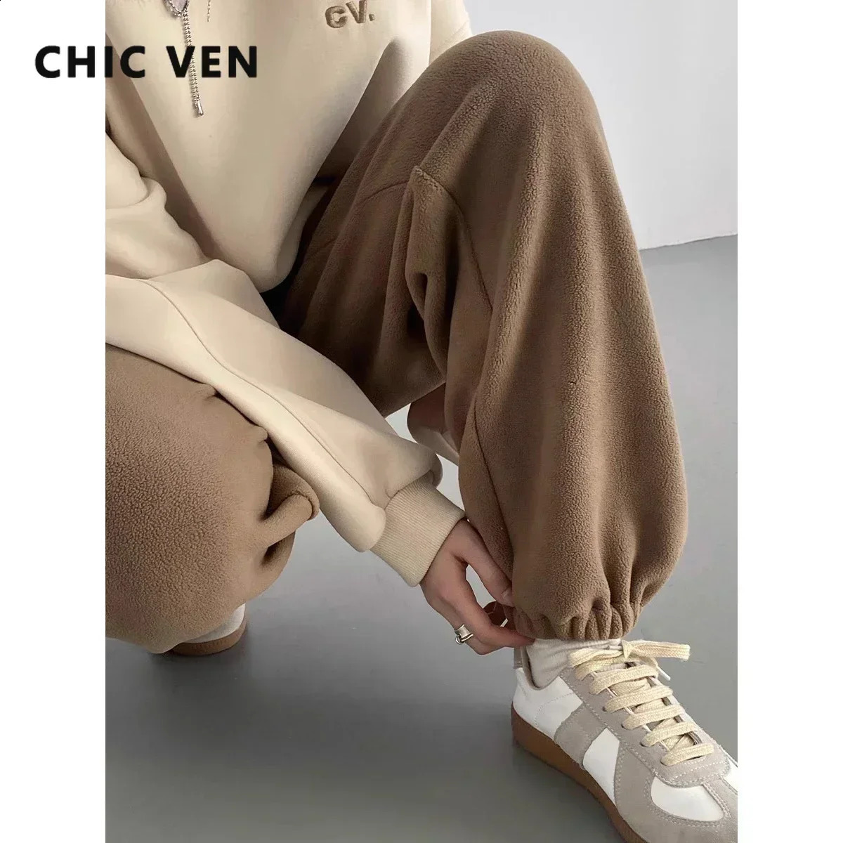 CHIC VEN Women's Pant Loose Casual High Waist Fleece Pant Thick Plush Warm Female Sports Trousers Autumn Winter 261008