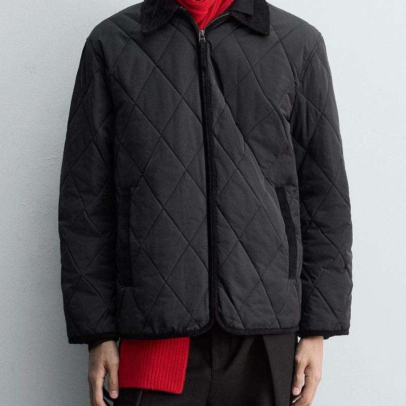 High-Quality Men's Quilted Designer Jacket for Autumn and Winter, Lapel Lightweight Padded Coat, Zipper Solid Color Casual Warm Outerwear