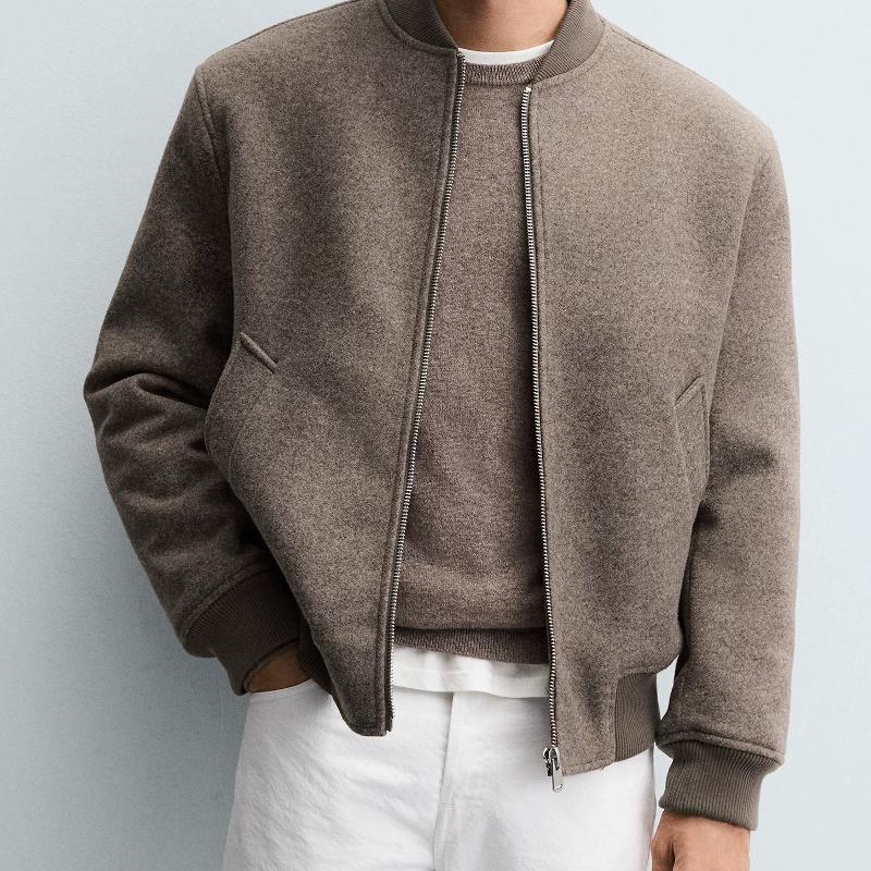 Men's wool-blend baseball collar jacket, fleece-lined thickened warm zip-up casual short coat with pockets, outerwear for autumn and winter