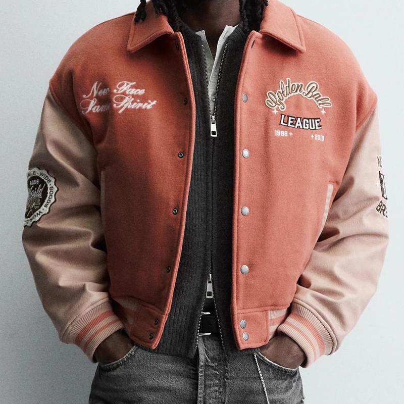Designer Men's Embroidered Faux Leather Sleeve Quilted Jacket Light Pink Lapel Collar Warm Padded Coat Loose Fit Zip Winter Outerwear