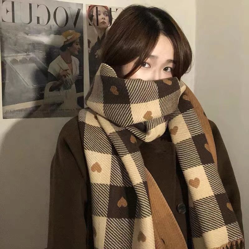 2026 new popular imitation cashmere scarf women featuring heart shaped plaid pattern thickened warmth, designed for autumn winter offering a luxurio