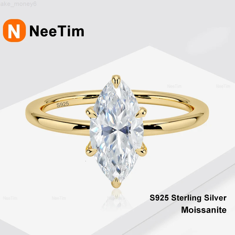 NeeTim 1ct 2ct 3ct Marquise Cut Full Moissanite Rings for Women S925 Sterling Silver with Gold Plated Engagement Wedding Ring
