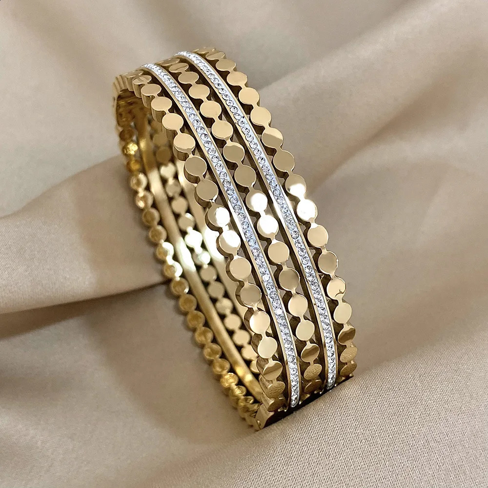 Fashion Layered Inlaid Rhinestone Stainless Steel Bangle For Women Unique n Gold Silver Color Bracelets Bangles Waterproof 261009
