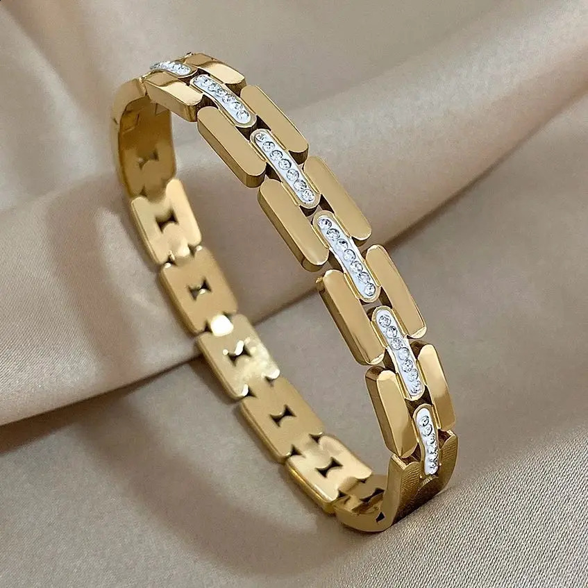 Fashion Inlaid Rhinestone Belt Shaped Bangles Bracelets for Women Men y Geometric Stainless Steel Gold Plated Jewelry Gifts 261009