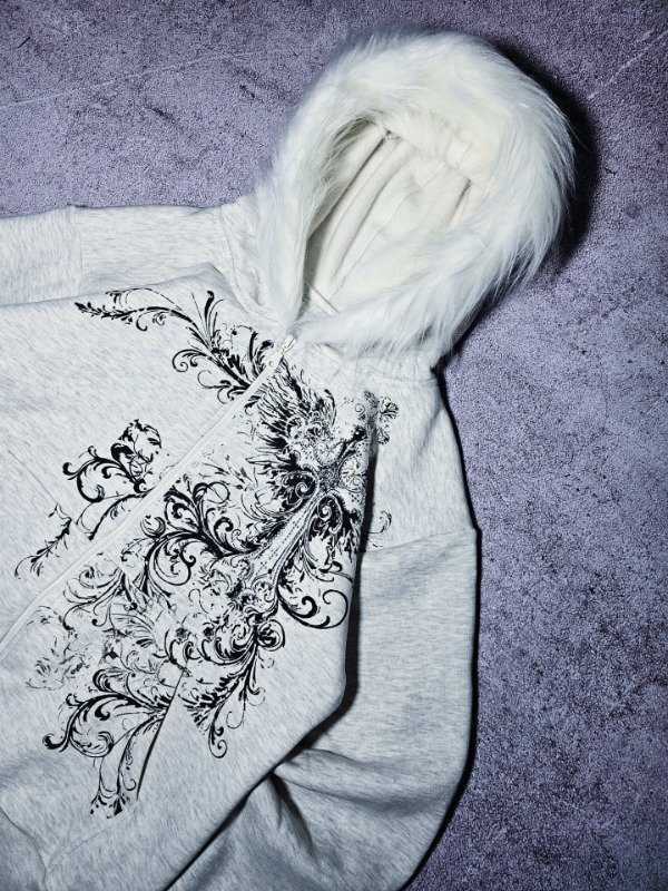 Y2K American retro Gothic style printed woolen collar hooded sweatshirt for women in autumn and winter, thickened with fleece and zipper jacket W261