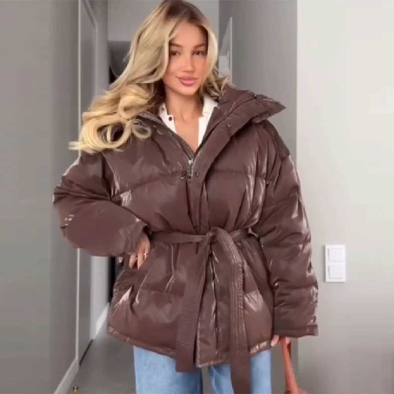 Parkas Women's Loose Down Long Sleeve Lace Up Warm Coat Lady Party Outwear Women's Glossy Autumn Winter Hooded Cotton Padded Jacket J26100