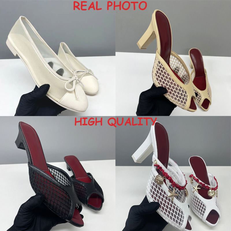 2026 Trendy Streetwear Designer Mules Women Mesh Ballet Flats Peep Toe Slippers Slides Low Square Heel Metal Letters Fashion Summer Sandals 1132