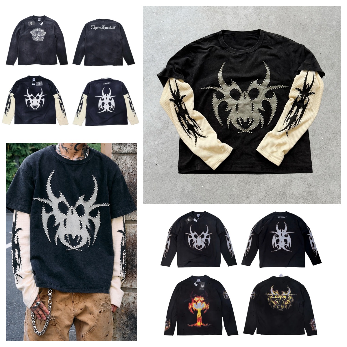 Men's Hoodies CHEW FOREVER Printing Oversize Sweatshirts Cotton Vintage Baggy T-Shirts Washed Black All Seasons Long Sleeve O-Neck False Two-Pi