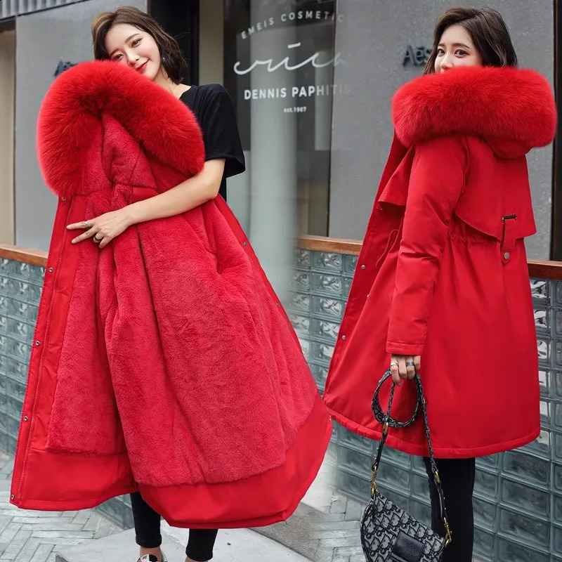 Women's Thickened Fleece Lined Parka Coat Korean Style Slim Fit Winter Cotton Jacket Trendy Mid-Length Zipper Closure Long Sl... 261008