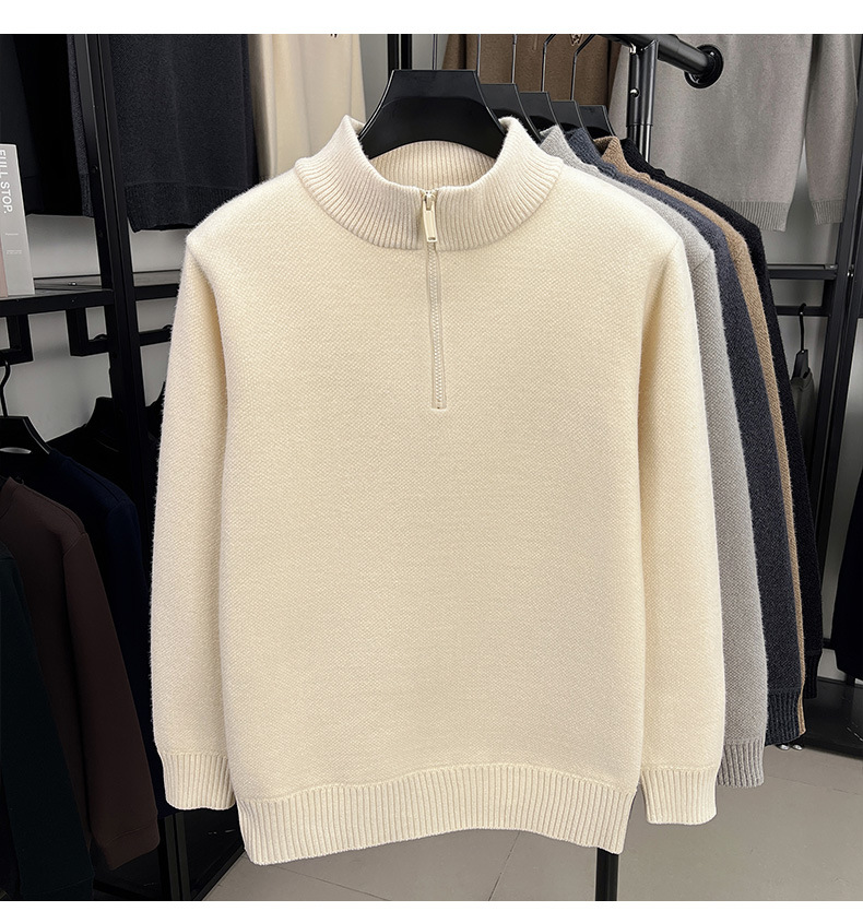 Pulls pour hommes haut de gamme demi-fermeture à glissière col montant pull tricoté hommes hiver épais chaleur broderie pull