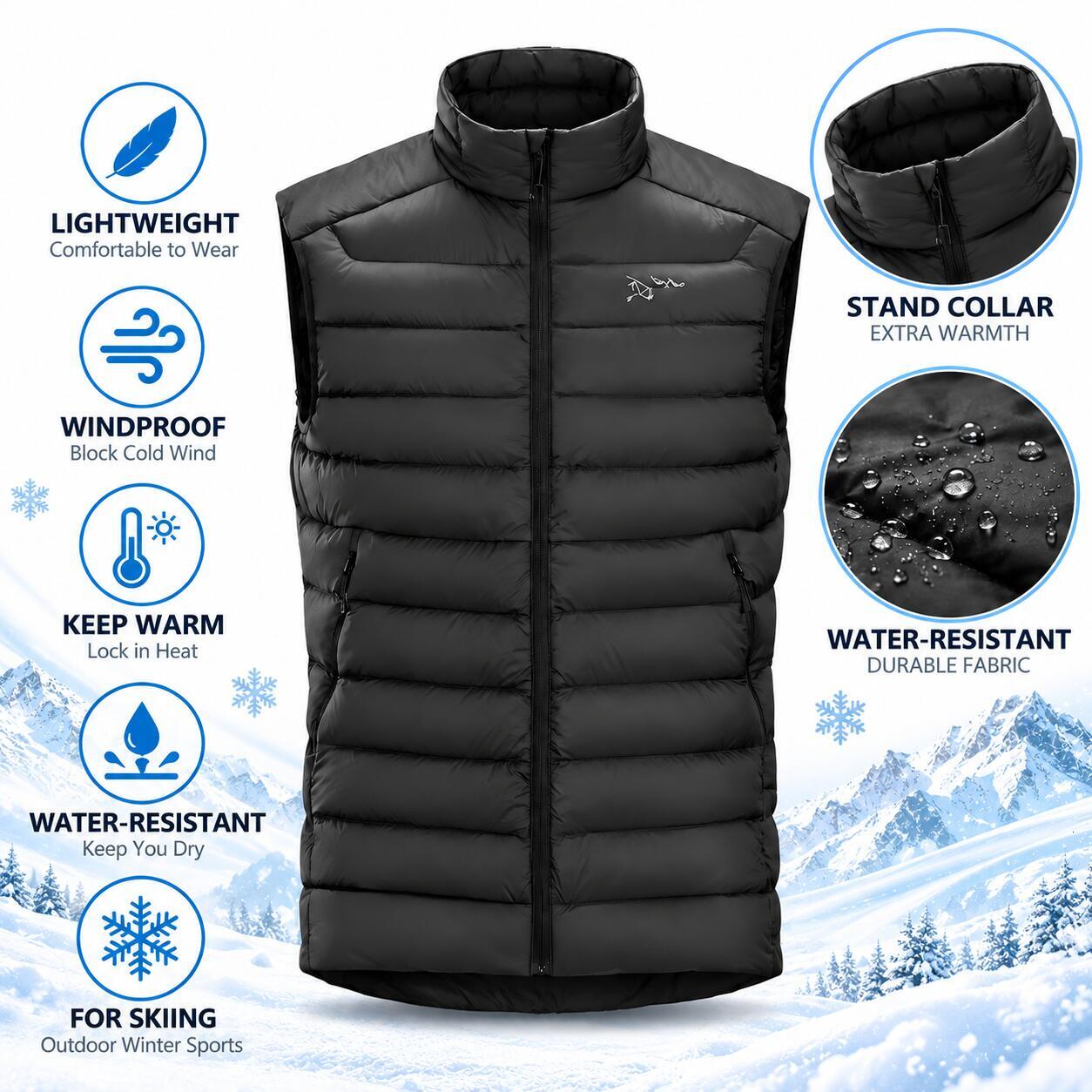 Arcteryxially Men's Winter Ski Vest Warm Puffer Vest Lightweight Sleeveless Padded Jacket Stand Collar Full Zip Quilted Outdoor Snow Sports