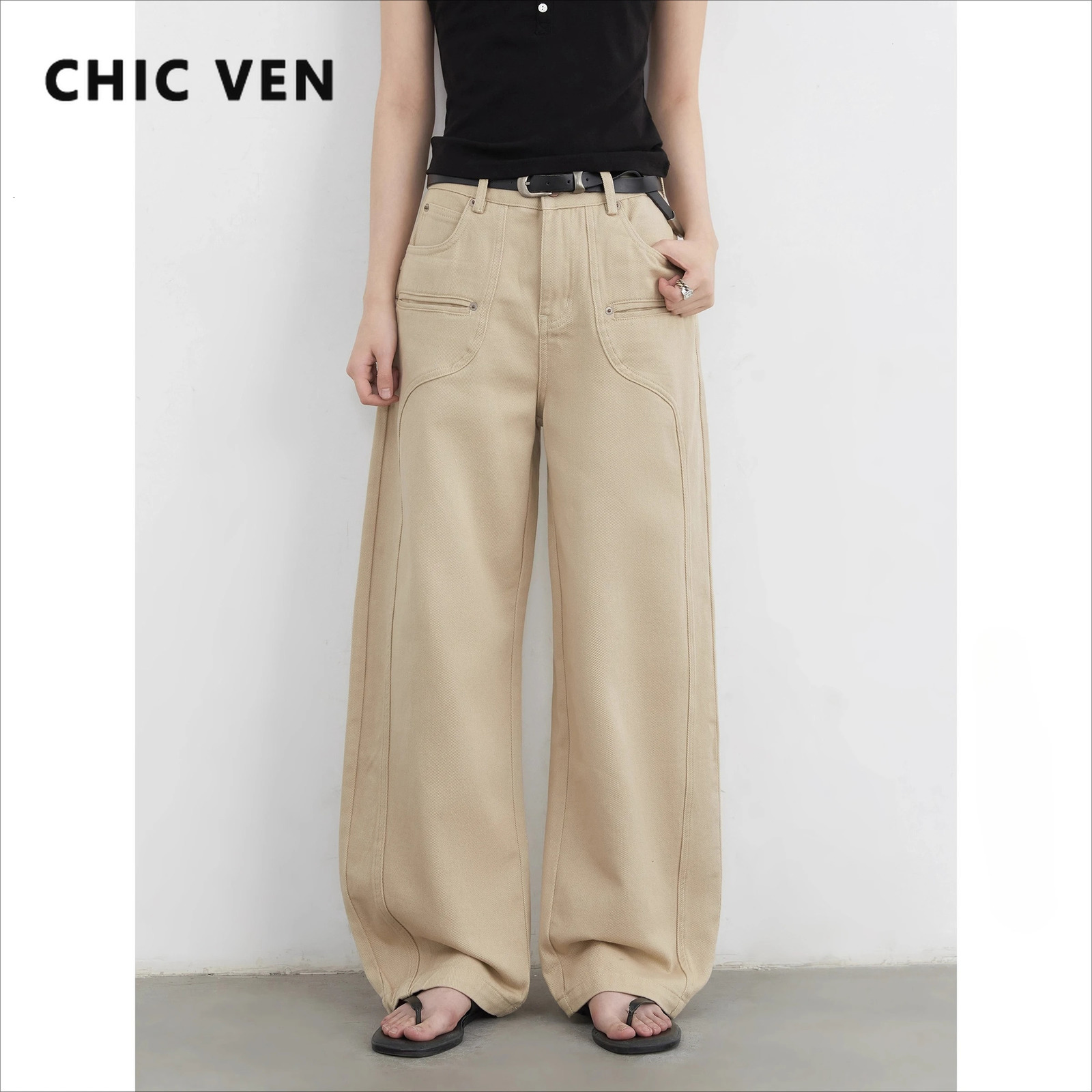 CHIC VEN Women Jeans Solid Loose Casual Split Wide Leg Denim Pant Workwear Female Trousers Spring Autumn 261008