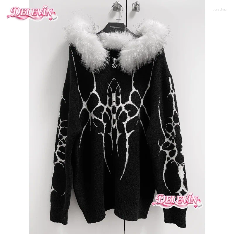 Original Subculture Gothic Punk Knitted Sweater Coat Women Autumn Winter Loose Casual Thick Warm Hooded Cardigan