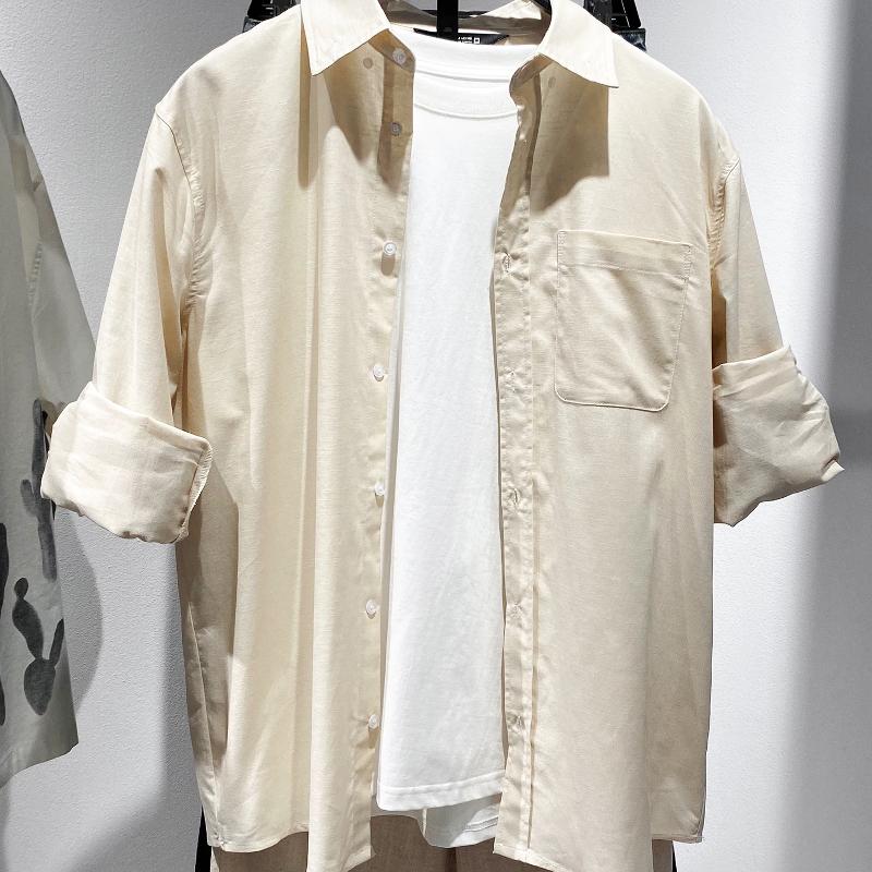 Men's Cotton Linen Design Long-Sleeve Button-Down Collar Shirt, Solid Color, Summer Casual Lightweight Regular Fit Collared Daily Top