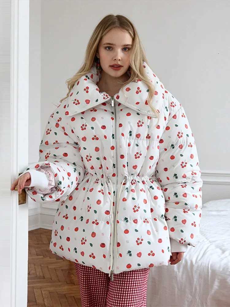 Down Parkas Wide Women's Lapel Printed Tie Waist Puffer Coat Zip Up Quilted Outerwear 2026 Winter Women Warm Outerwear Chic Elegant Ladies Jack