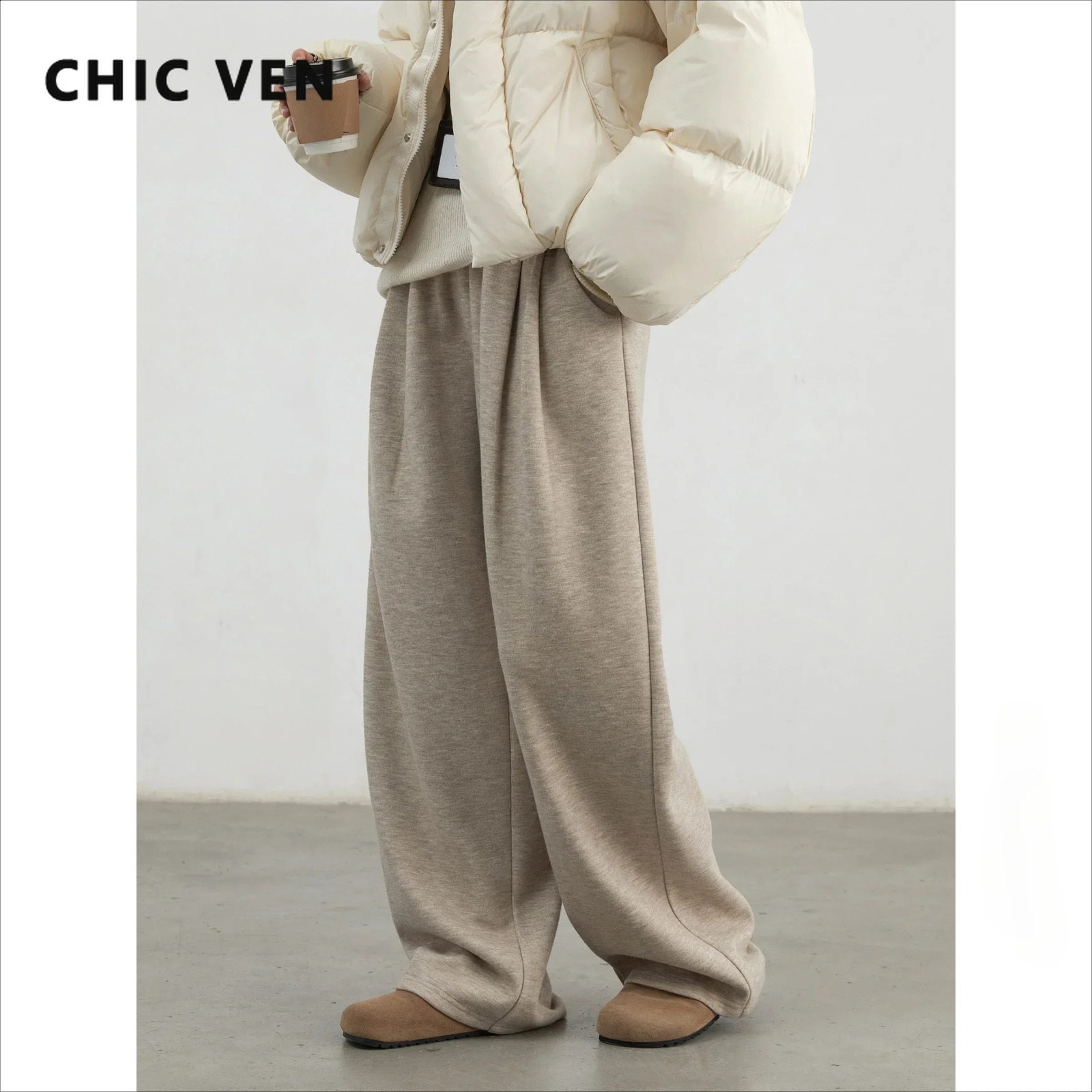 CHIC VEN Women Pants High Waisted Pleated Casual Soft Wide Leg Pant Female Thicken Trousers Sport Solid Plush Winter 261008