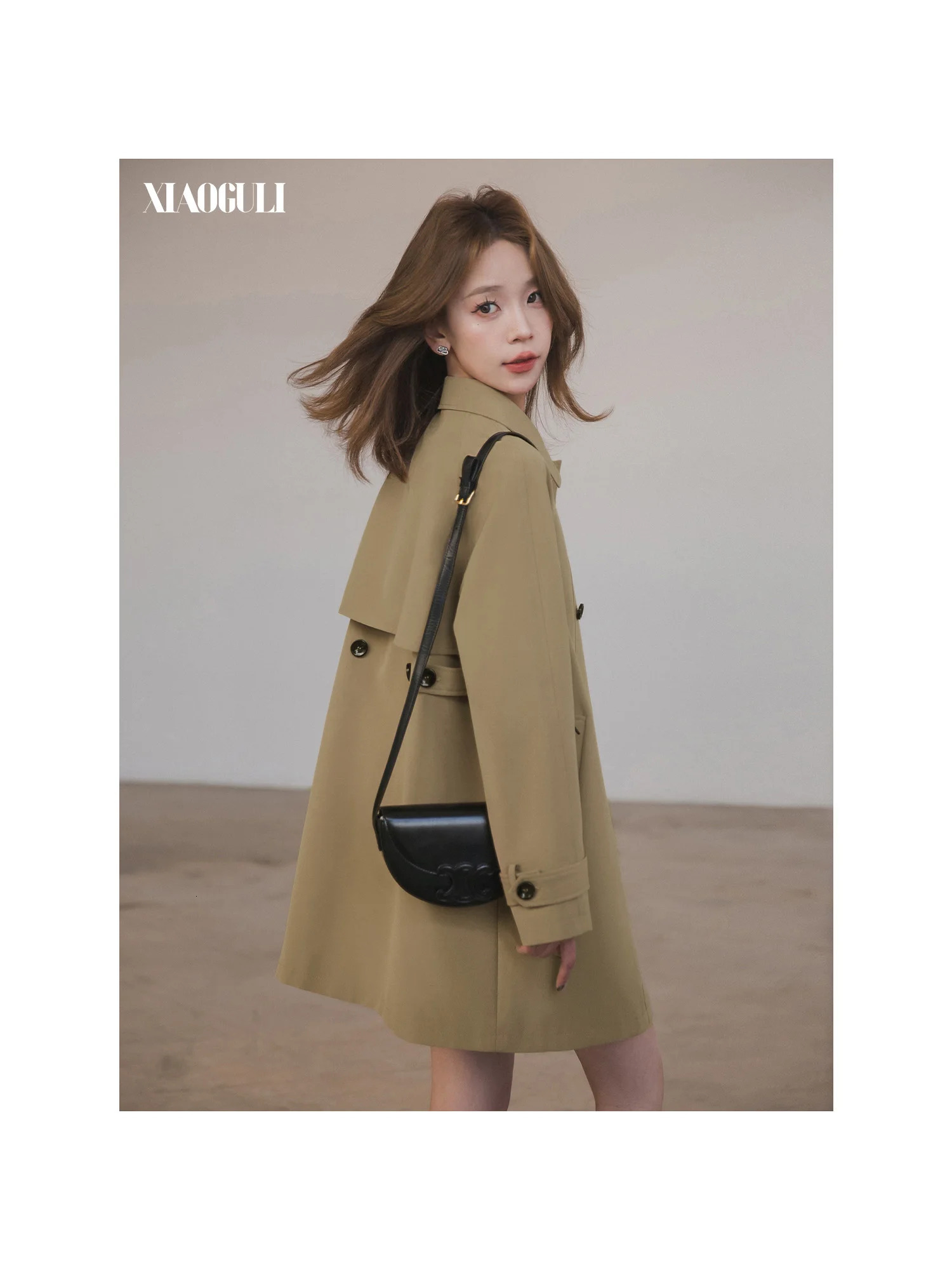 XIAOGULI 2026 Autumn Women Windbreaker Double Breasted Mid Length Trench Coat Raglan Sleeve Loose Office Ladies Outer 260929
