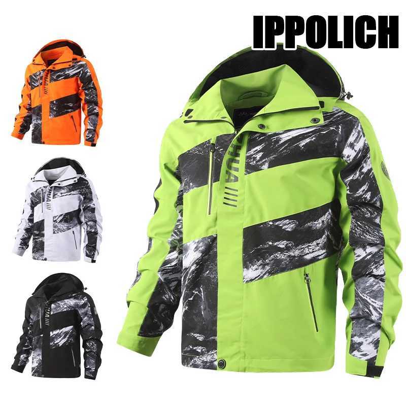Outdoor Jackets Hoodies Waterproof Windproof Men's Snow Mountain Print Patchwork Hooded Jacket Outdoor Hiking Ski Coat Color Block Sports Windb